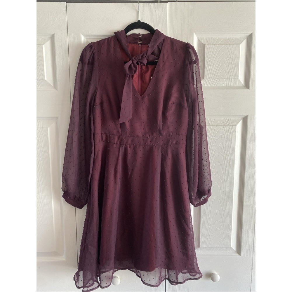 ModCloth Apogee of Elegance Dress Womens Size 8 Burgundy Swiss Dot Chiffon Retro